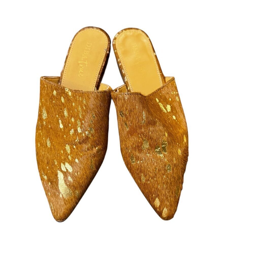 Diba True Women’s Haircalf Leather Pointed Toe Mules – Gold Foil Animal Print –